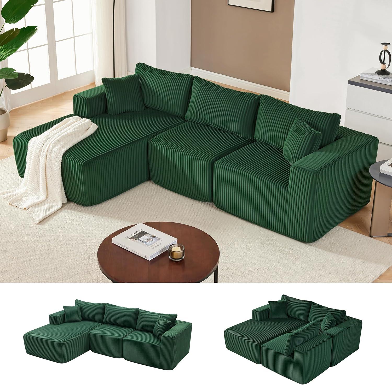 Couches for Living Room, Cloud Couch Sectional with Deep Seat, Comfy Couch with L-Shaped Chaise, Minimalist Upholstered Modular Sectional Sofa, No Assembly Required (Corduroy,Black)