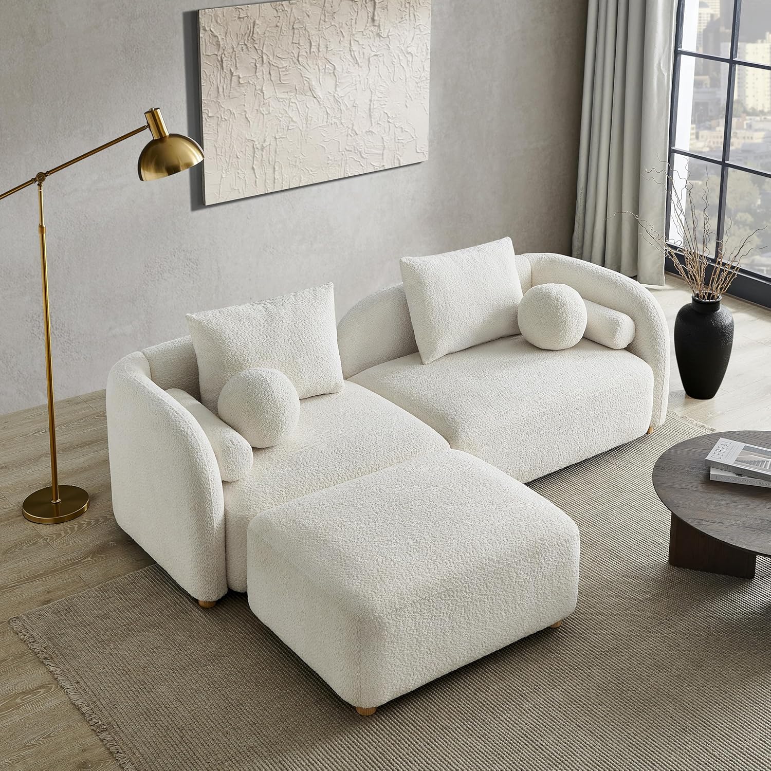 Modern Curved Sherpa Boucle Sofa, 3-Seater Comfy Cloud Couch with Wood Leg & Pillows, Minimalist Couch Sofas for Living Room, Apartment, Cream White