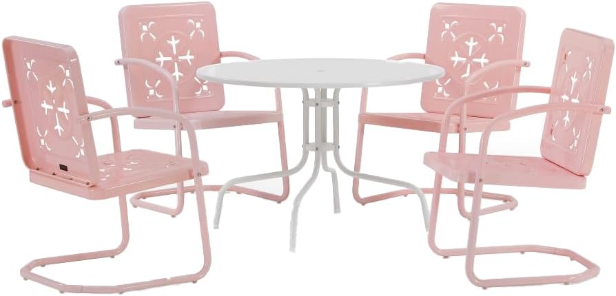 Crosley Furniture Azalea 5-Piece Vintage Outdoor Dining Set for 4, Retro Metal Round Patio Table and Chairs, Key Lime Gloss/White Satin
