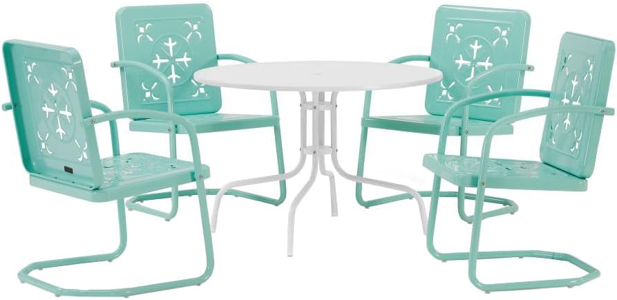 Crosley Furniture Azalea 5-Piece Vintage Outdoor Dining Set for 4, Retro Metal Round Patio Table and Chairs, Key Lime Gloss/White Satin