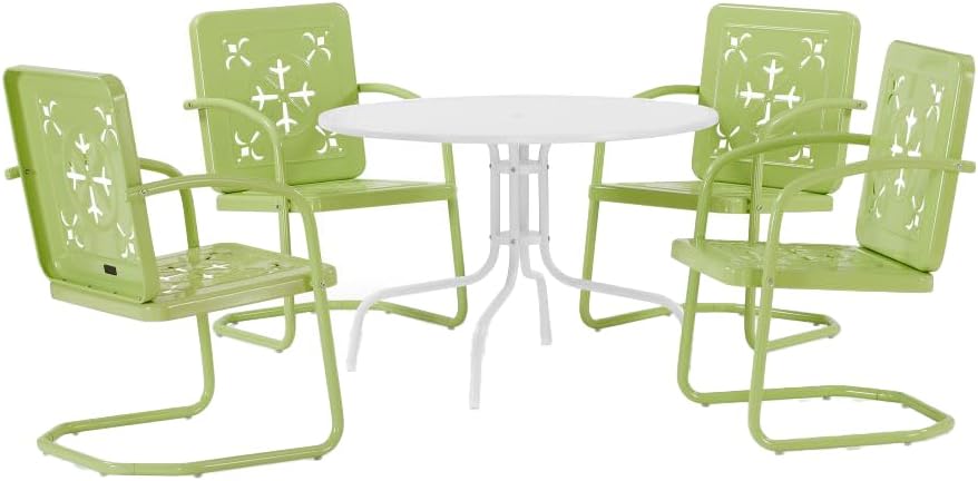 Crosley Furniture Azalea 5-Piece Vintage Outdoor Dining Set for 4, Retro Metal Round Patio Table and Chairs, Key Lime Gloss/White Satin
