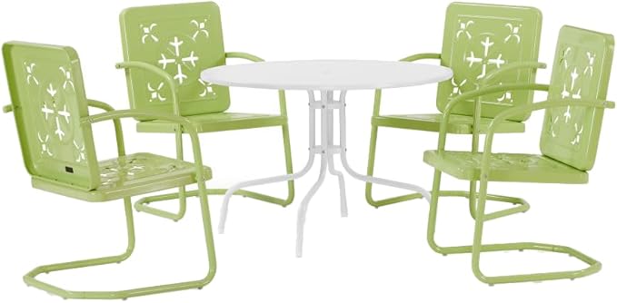 Crosley Furniture Azalea 5-Piece Vintage Outdoor Dining Set for 4, Retro Metal Round Patio Table and Chairs, Key Lime Gloss/White Satin