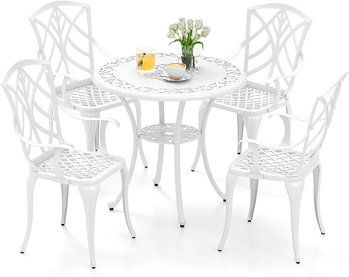 Tangkula 5 Pieces Cast Aluminum Outdoor Dining Set, Round Dining Table with 2” Umbrella Hole & 4 Armchairs, All-Weather Outdoor Furniture Set for Patio, Balcony, Garden & Backyard, White