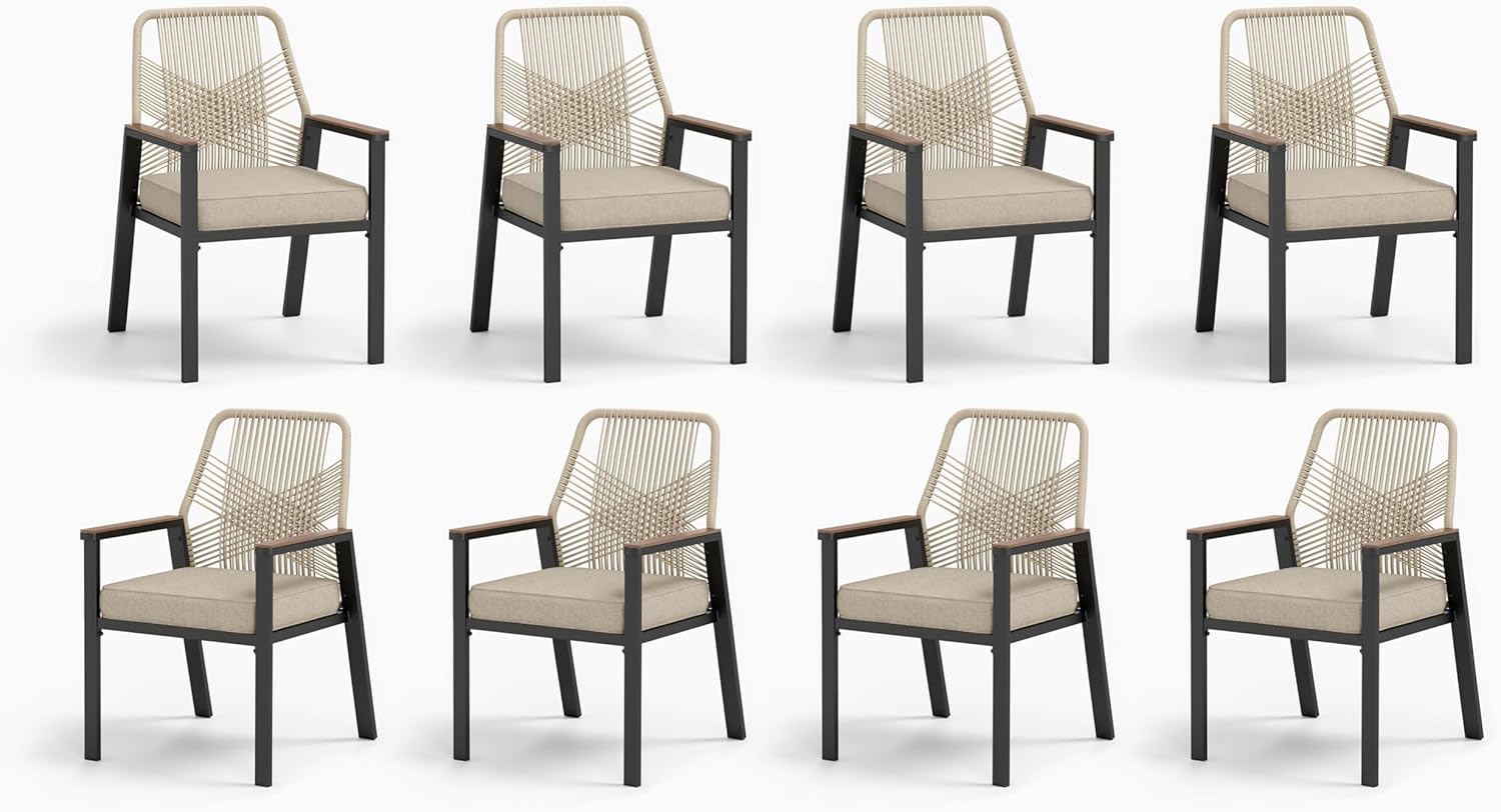 7 Pieces Round Outdoor Dining Set for 6, Patio Dining Set Wicker Rattan Chairs with Soft Cushion and 54" Round Table with Umbrella Hole, Round Patio Table and Chairs for Backyard Porch