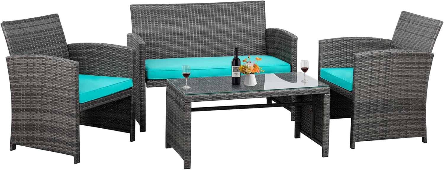 4 Piece Patio Ratten Set Outdoor Furniture Set Wicker Conversation Set with Cushions and Tempered Glass Tabletop,Blue