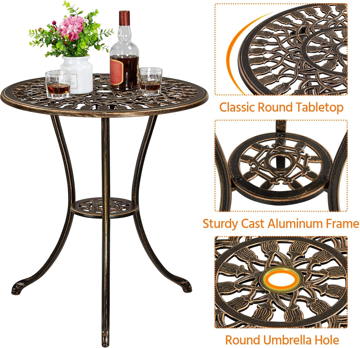 Patio Bistro Sets 3 Piece, Outdoor Rust-Resistant Cast Aluminum Garden Table and Chairs, Bronze