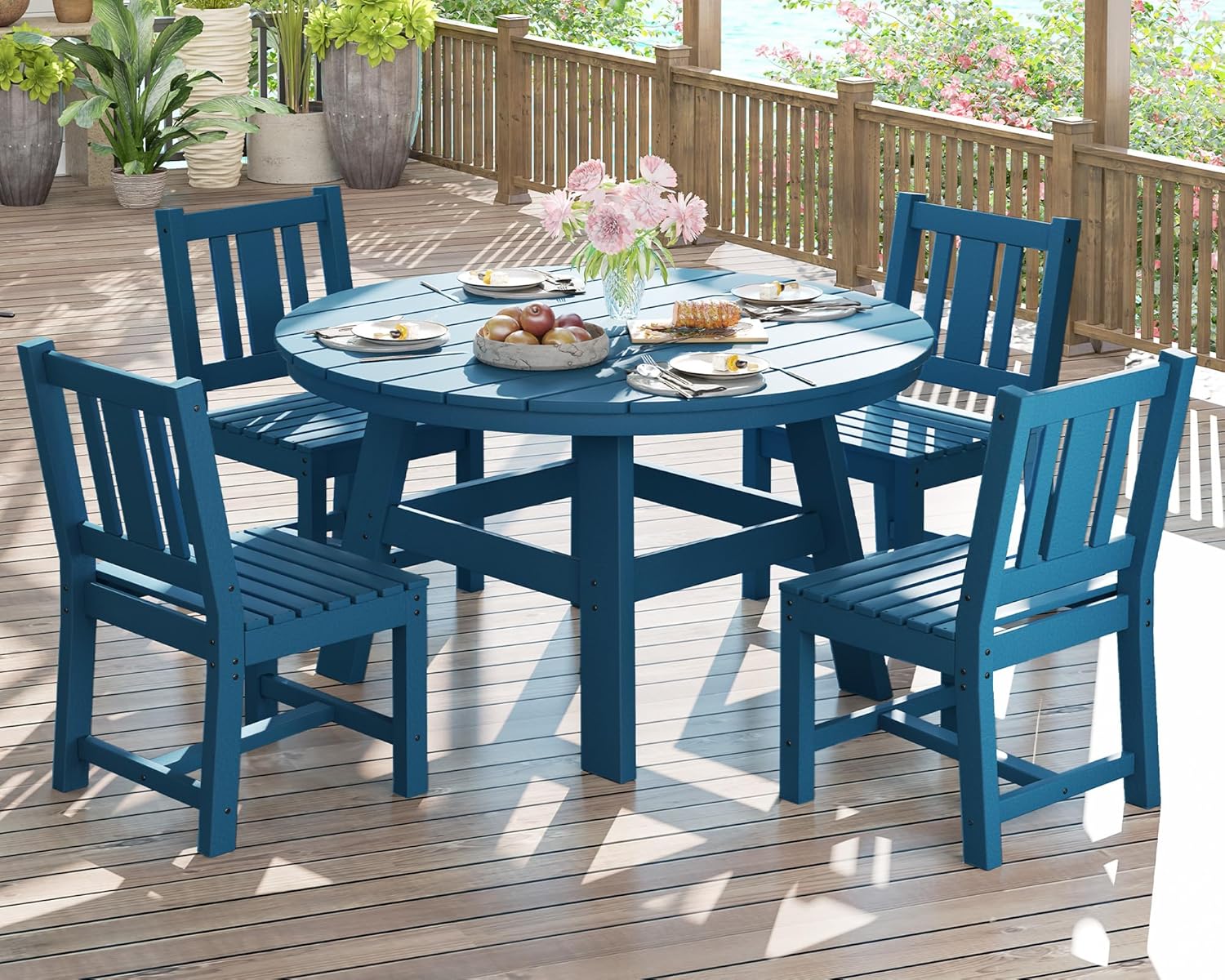 AMERLIFE 5 Piece HDPE Outdoor Dining Table & Chairs Set, All-Weather Patio Table and Chairs Set Furniture with Umbrella Hole for Garden, Backyard, Poolside, Seaside, White