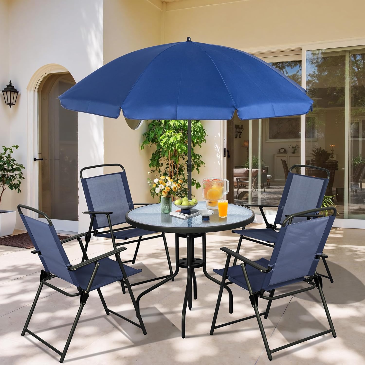 6 Piece Folding Patio Dining Set,Small Metal Outdoor Garden Patio Table and Chair Set w/Umbrella for Lawn,Deck,Backyard,Black
