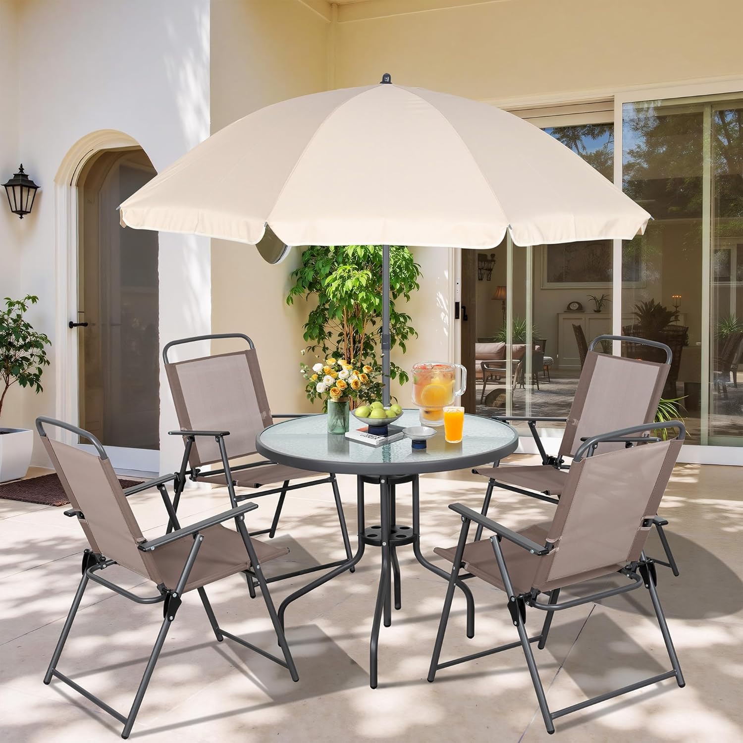  6 Piece Folding Patio Dining Set,Small Metal Outdoor Garden Patio Table and Chair Set w/Umbrella for Lawn,Deck,Backyard,Black