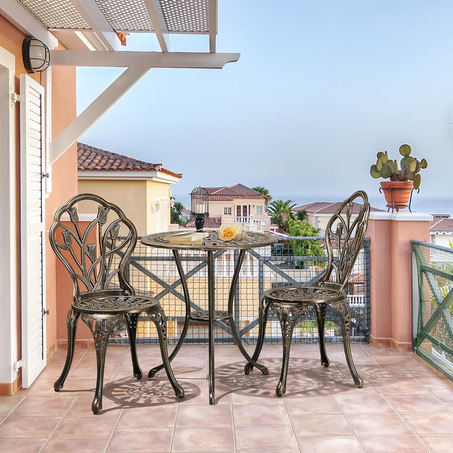 Patio Bistro Sets 3 Piece, Outdoor Rust-Resistant Cast Aluminum Garden Table and Chairs, Bronze