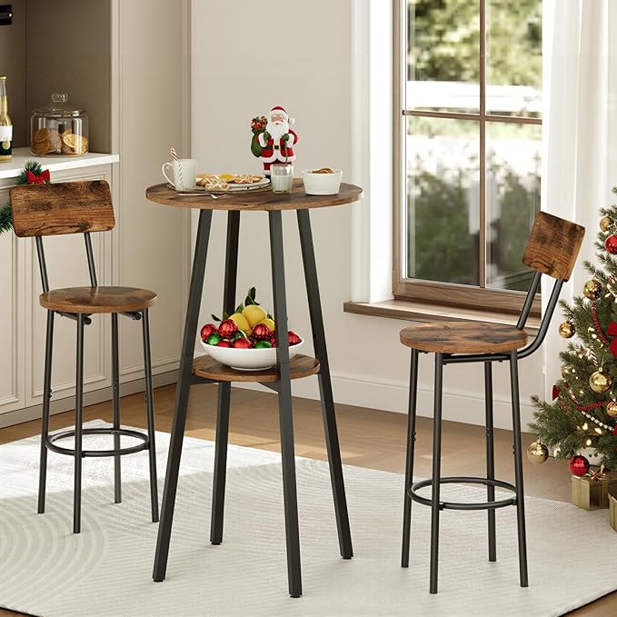HOOBRO 3 Pieces Round Bar Height Table and Chairs Set, Round Dining Table Set, Pub Table and Chairs for Small Space, 2 Tier Kitchen Table and Bar Stools with Back, Rustic Brown BF35BT01