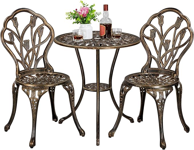 Patio Bistro Sets 3 Piece, Outdoor Rust-Resistant Cast Aluminum Garden Table and Chairs, Bronze