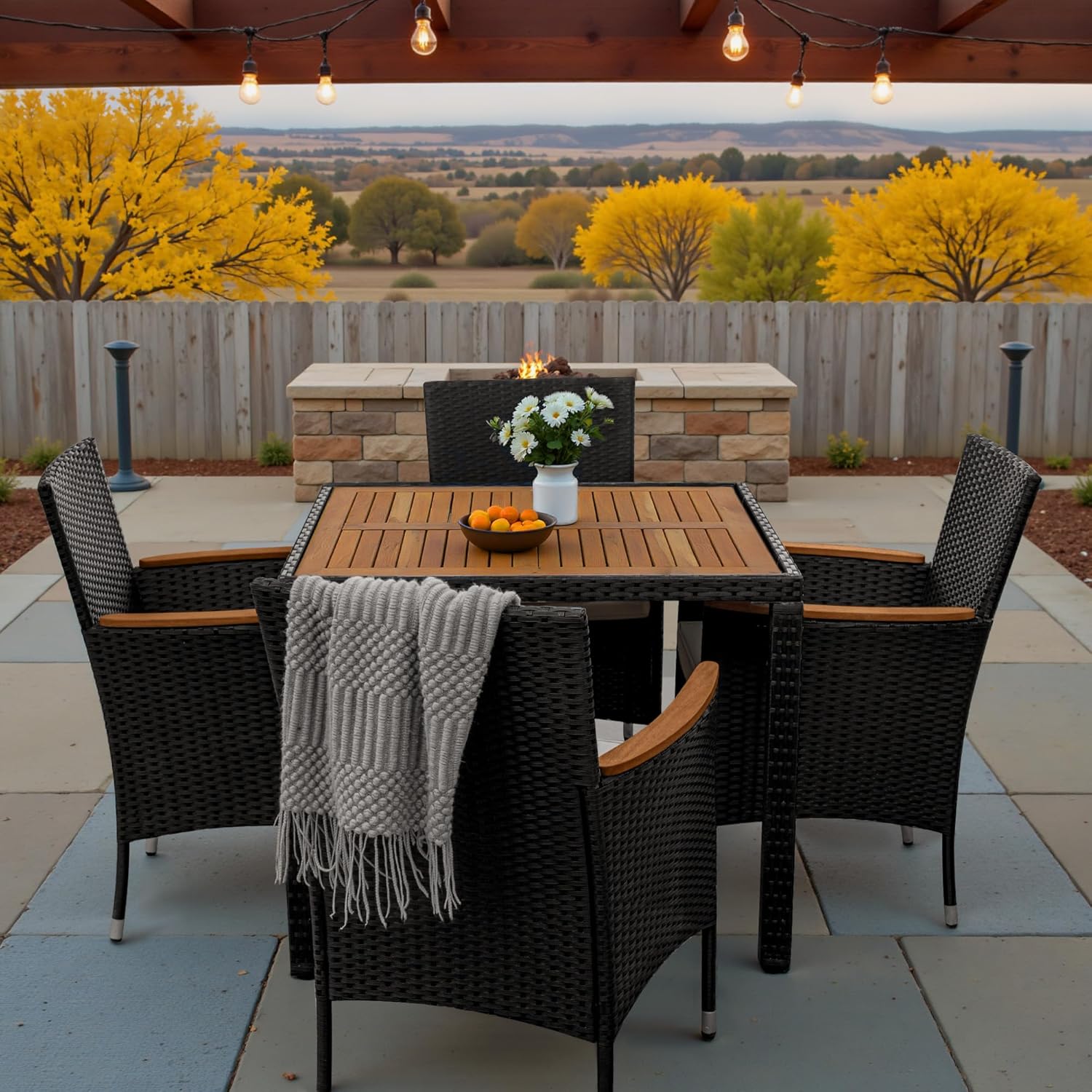  7 Pieces Outdoor Patio Dining Set, Conversation Sets with 1 Table and 6 Rattan Chairs with Curved Acacia Wooden Armrests and Cushions, Black