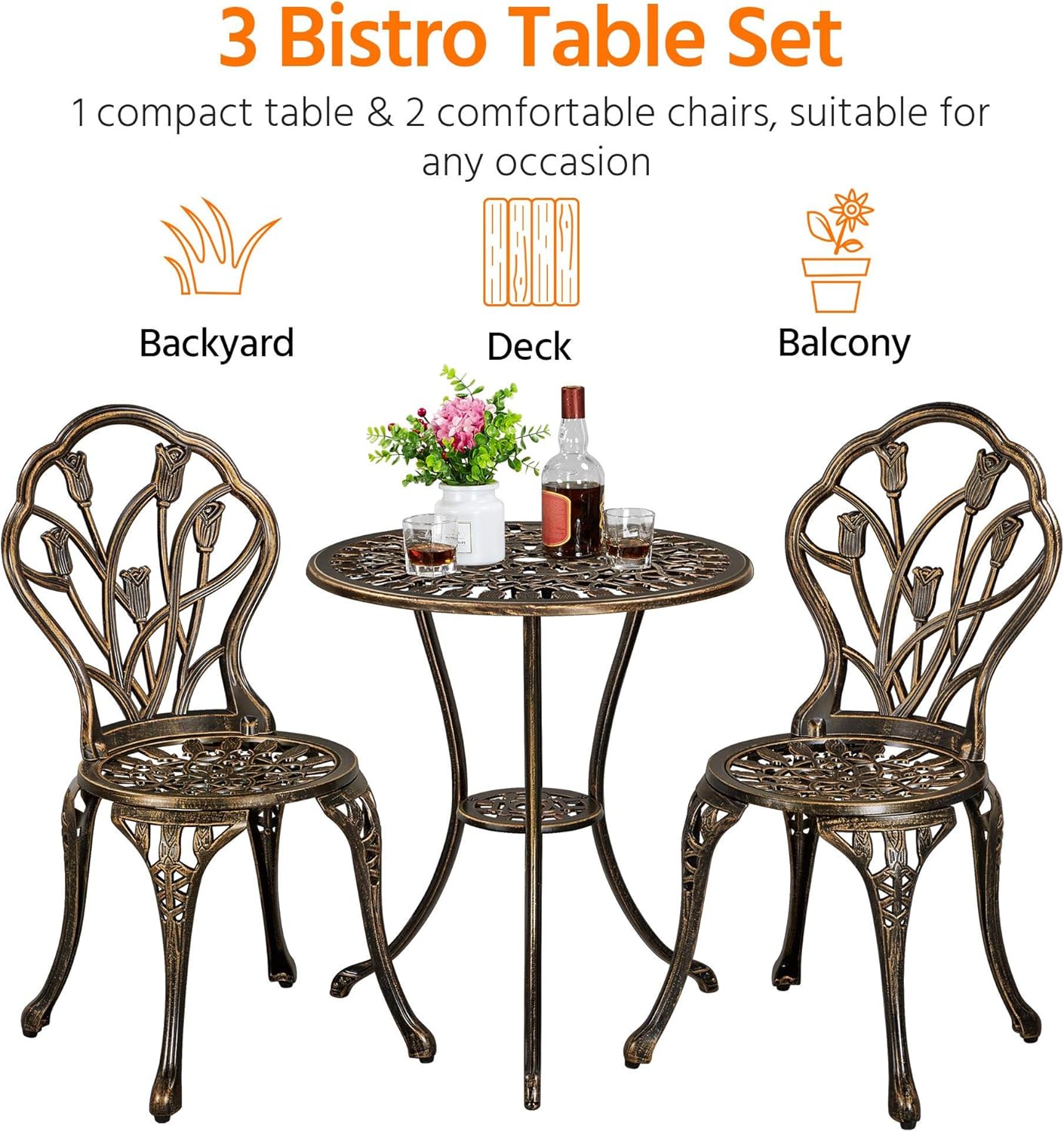 Patio Bistro Sets 3 Piece, Outdoor Rust-Resistant Cast Aluminum Garden Table and Chairs, Bronze
