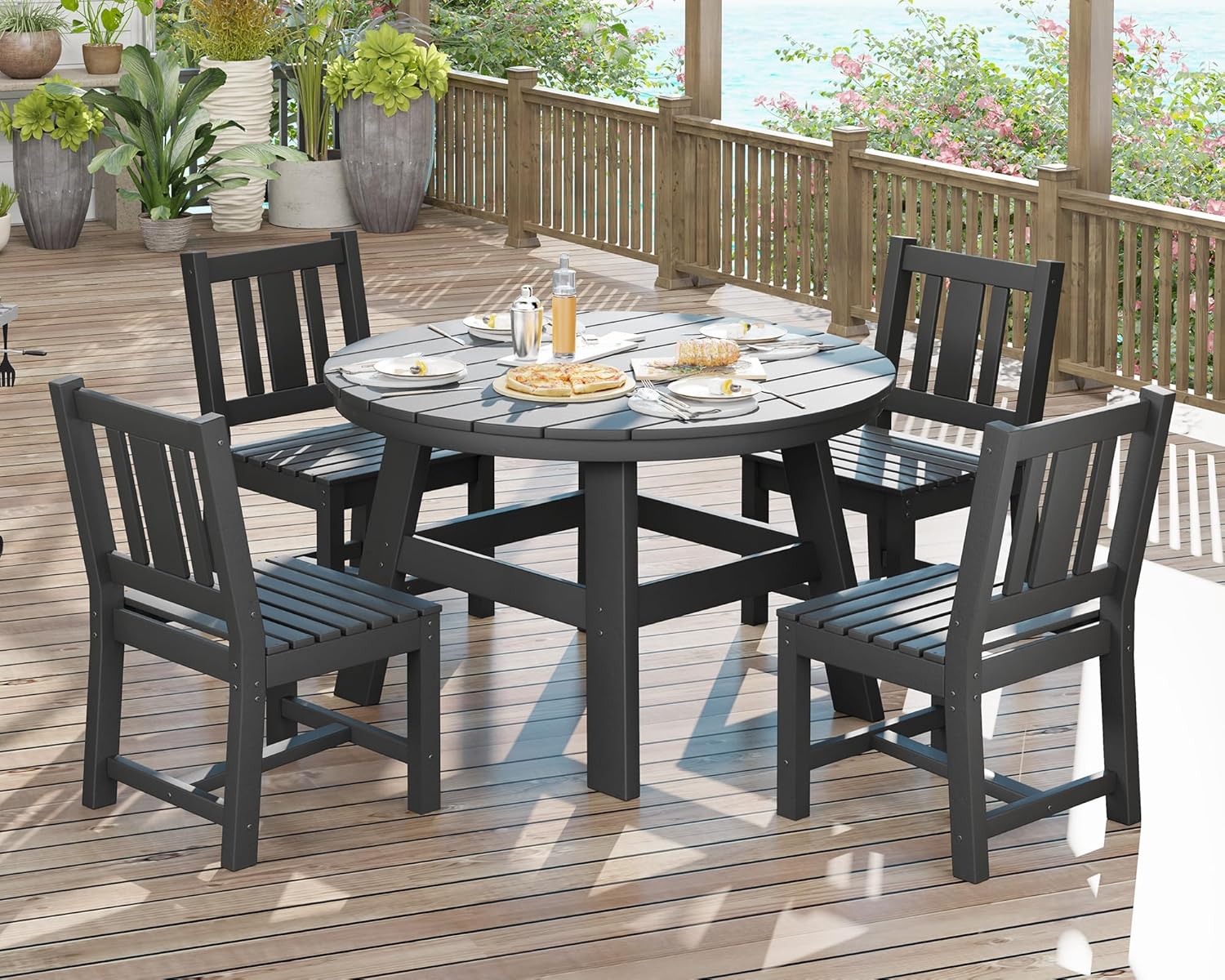 AMERLIFE 5 Piece HDPE Outdoor Dining Table & Chairs Set, All-Weather Patio Table and Chairs Set Furniture with Umbrella Hole for Garden, Backyard, Poolside, Seaside, White