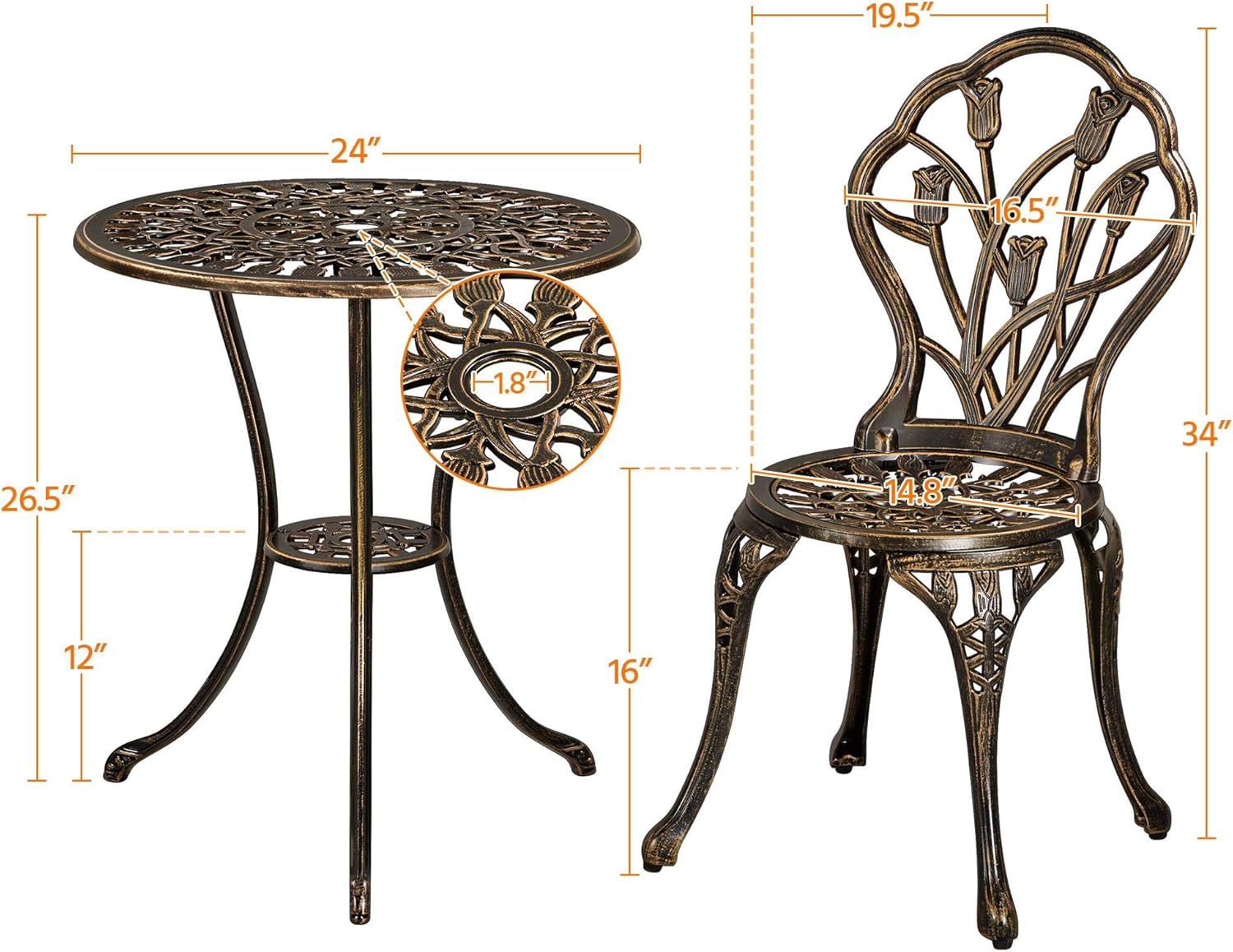 Patio Bistro Sets 3 Piece, Outdoor Rust-Resistant Cast Aluminum Garden Table and Chairs, Bronze