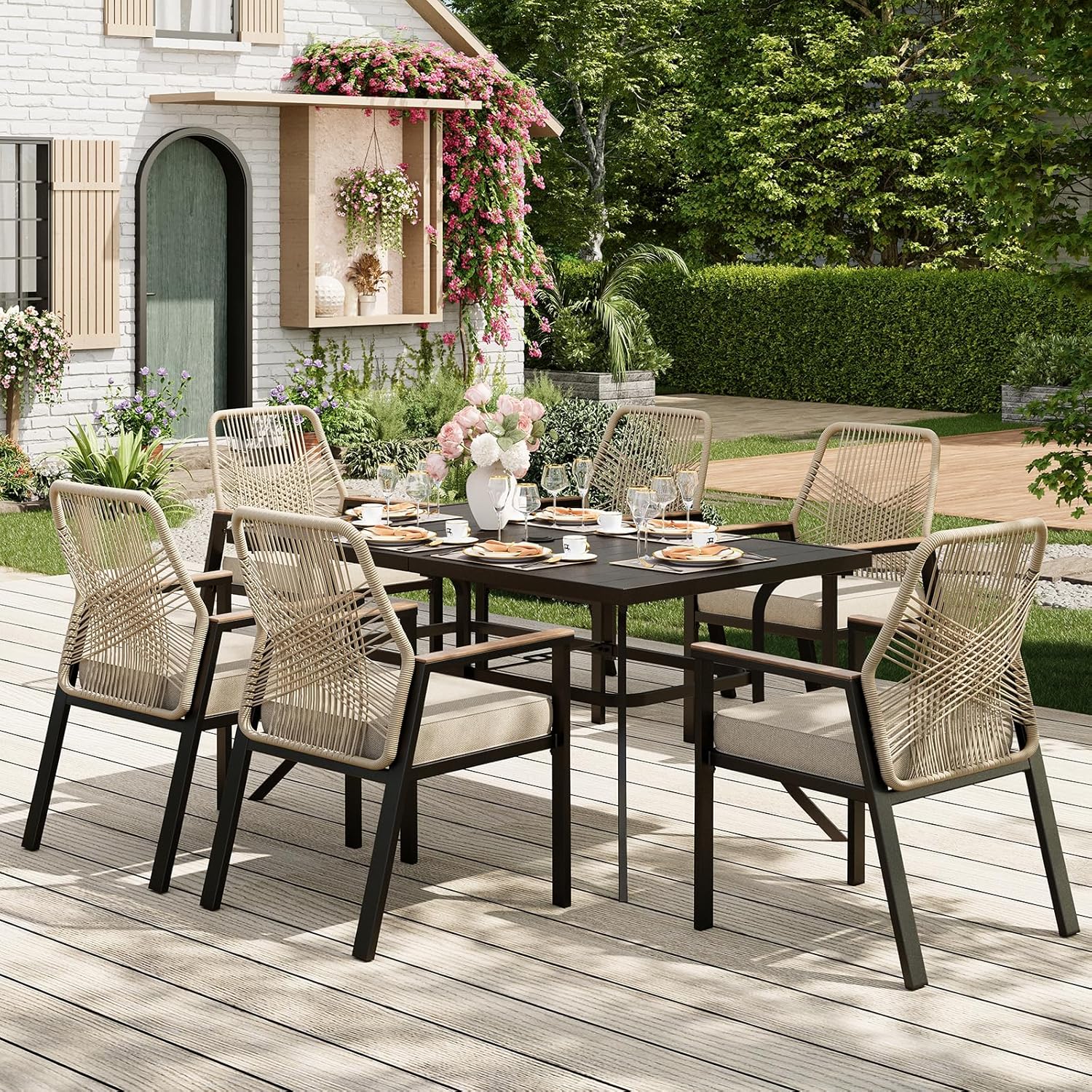 7 Pieces Round Outdoor Dining Set for 6, Patio Dining Set Wicker Rattan Chairs with Soft Cushion and 54" Round Table with Umbrella Hole, Round Patio Table and Chairs for Backyard Porch