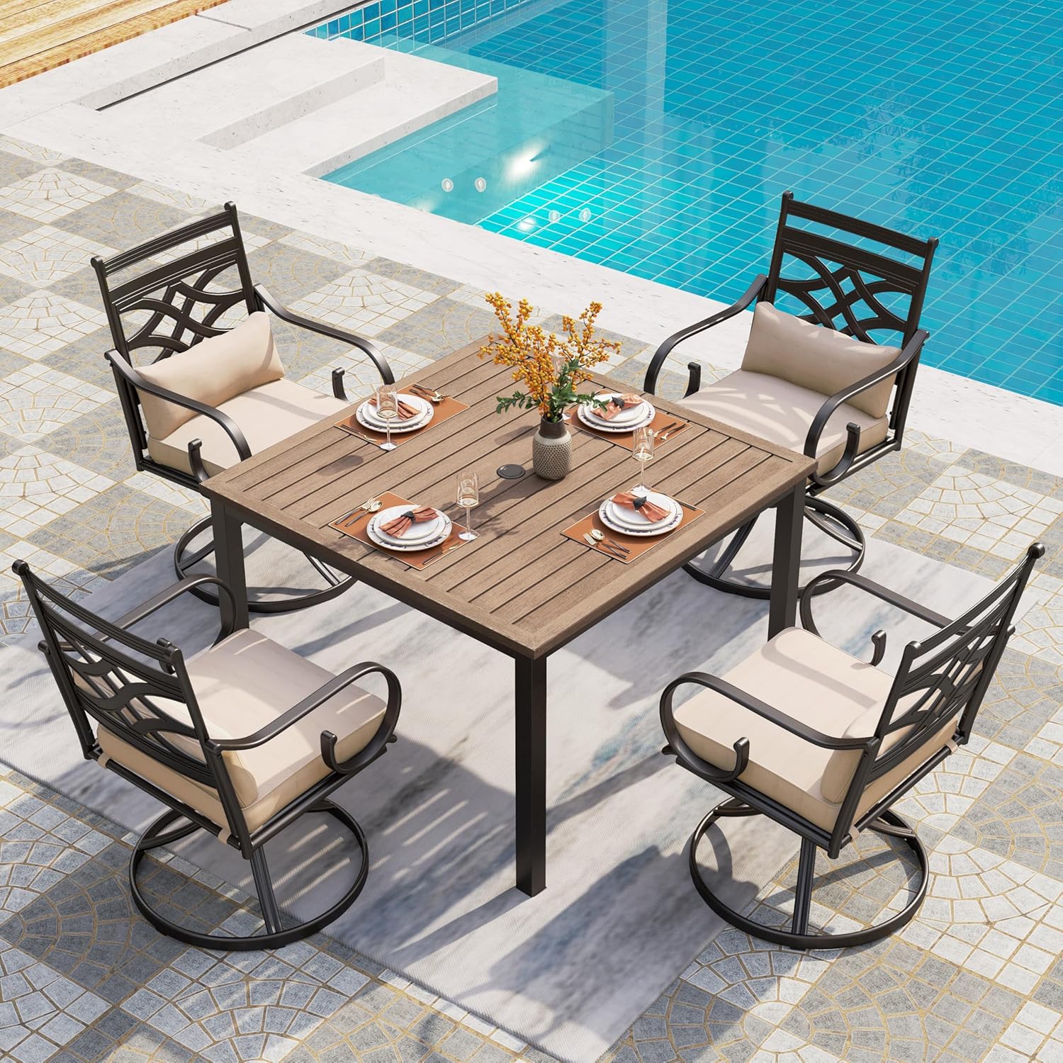 PHI VILLA Patio Dining Set for 6, 7 PCS Outdoor Dining Sets - 1 Rectangle 37x60in Dining Table (1.57" Umbrella Hole) & 6 Swivel Dining Chairs,Metal Patio Furniture for Outdoor Kitchen Lawn and Garden