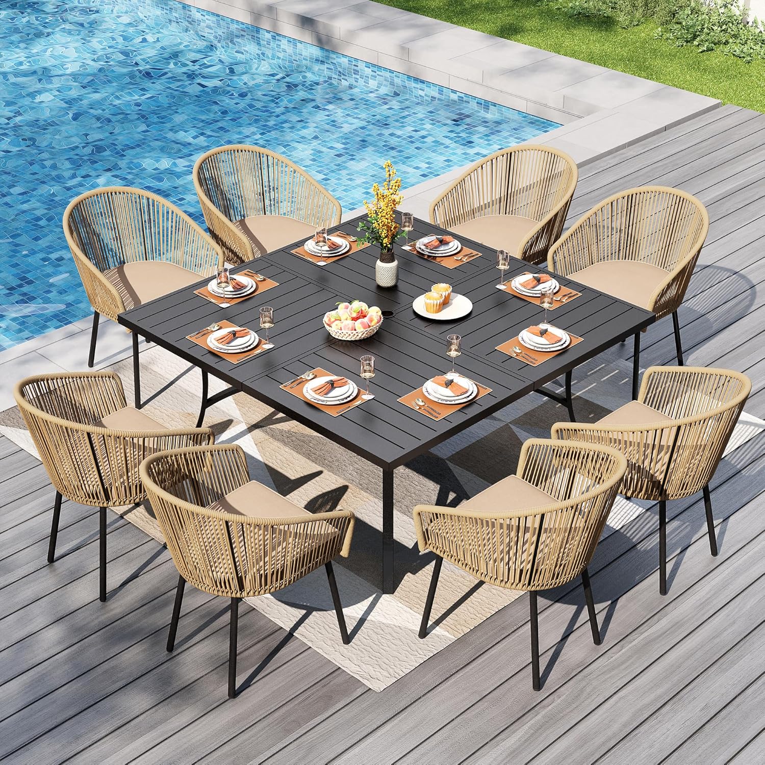 PHI VILLA 5 Pieces Outdoor Small Dining Set for 4, 31" Square Metal Pedestal Table with & Brown Wicker Chairs with Cushions, Modern Outside Dining Bistro Furniture for Patio, Deck, Backyard, Porch