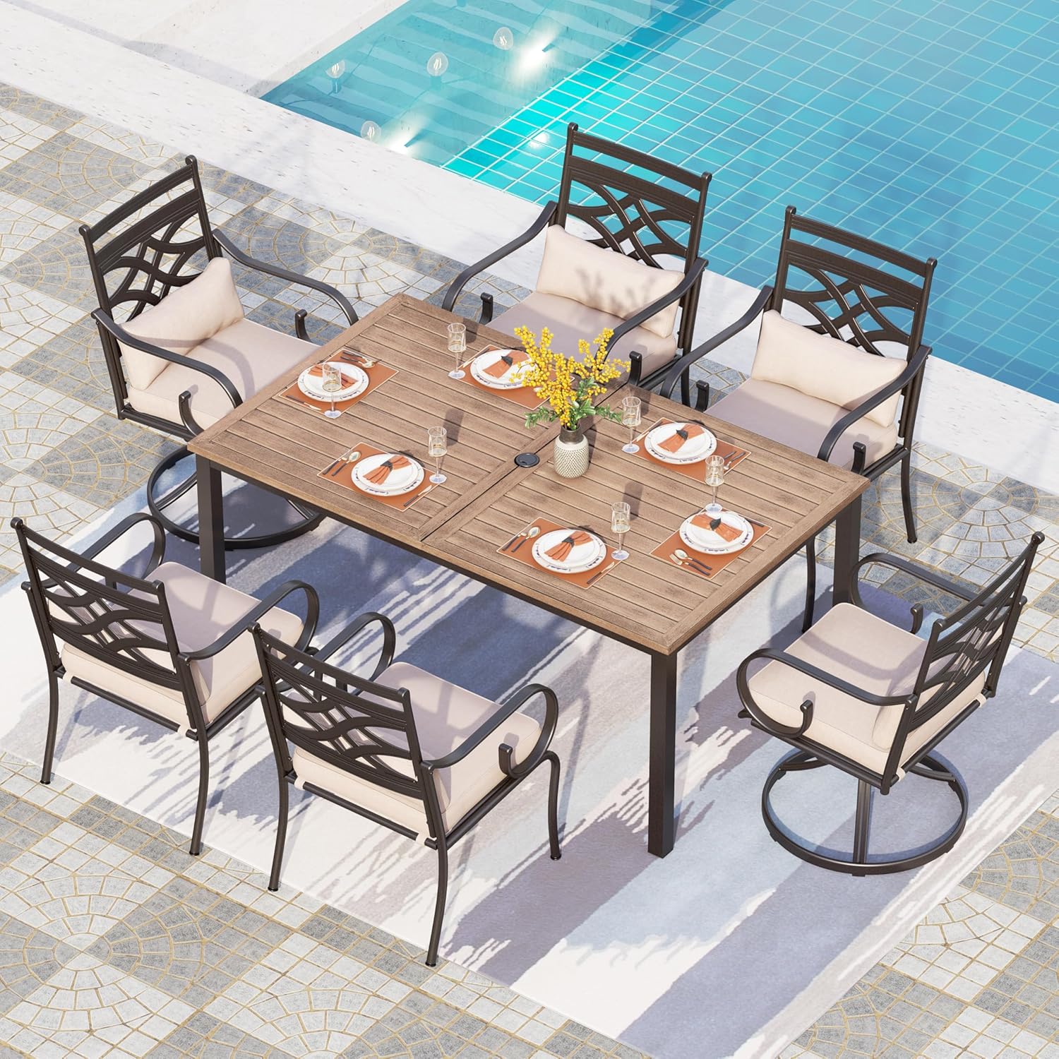 PHI VILLA Patio Dining Set for 6, 7 PCS Outdoor Dining Sets - 1 Rectangle 37x60in Dining Table (1.57" Umbrella Hole) & 6 Swivel Dining Chairs,Metal Patio Furniture for Outdoor Kitchen Lawn and Garden