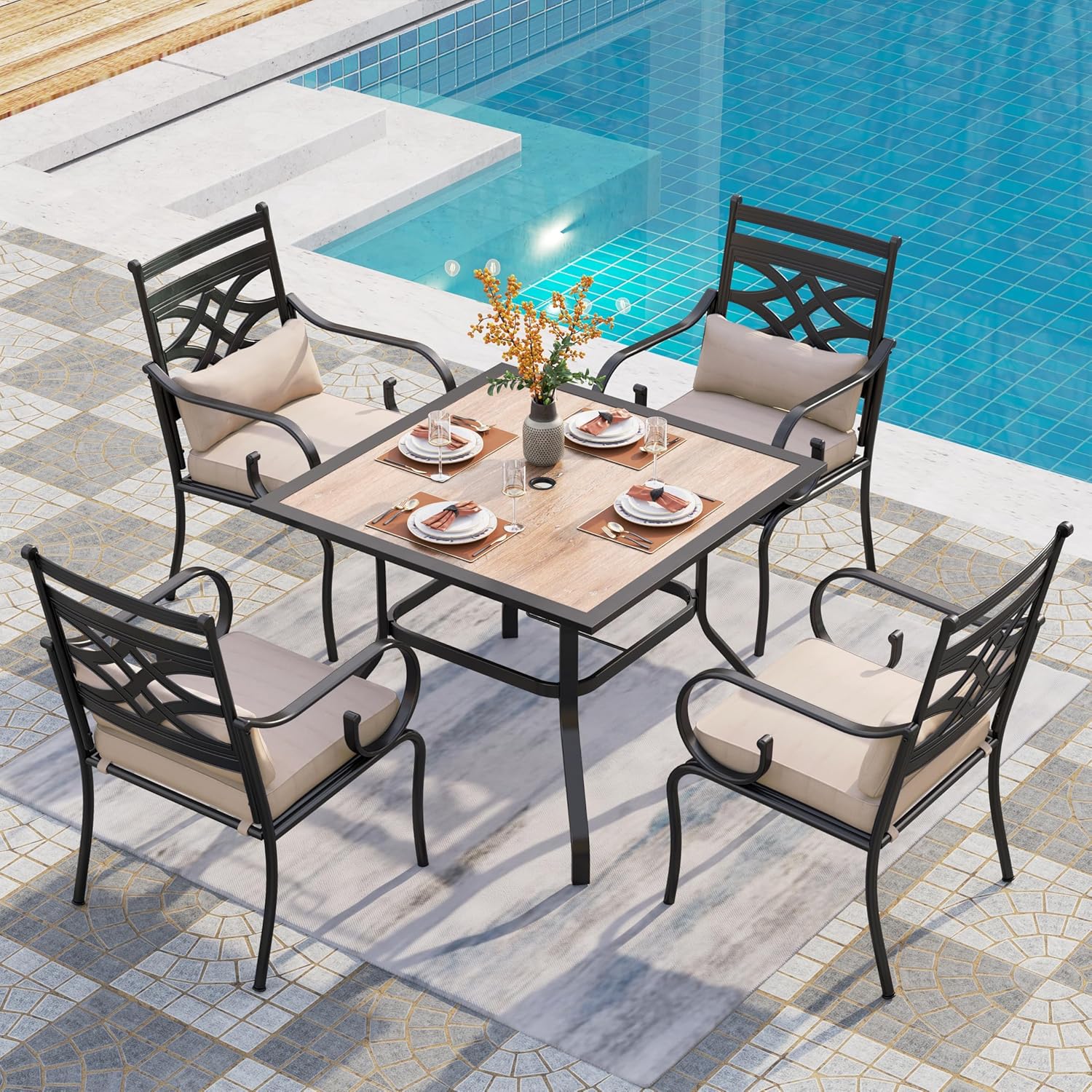PHI VILLA Patio Dining Set for 6, 7 PCS Outdoor Dining Sets - 1 Rectangle 37x60in Dining Table (1.57" Umbrella Hole) & 6 Swivel Dining Chairs,Metal Patio Furniture for Outdoor Kitchen Lawn and Garden