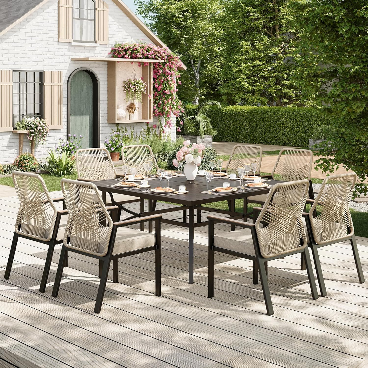 7 Pieces Round Outdoor Dining Set for 6, Patio Dining Set Wicker Rattan Chairs with Soft Cushion and 54" Round Table with Umbrella Hole, Round Patio Table and Chairs for Backyard Porch