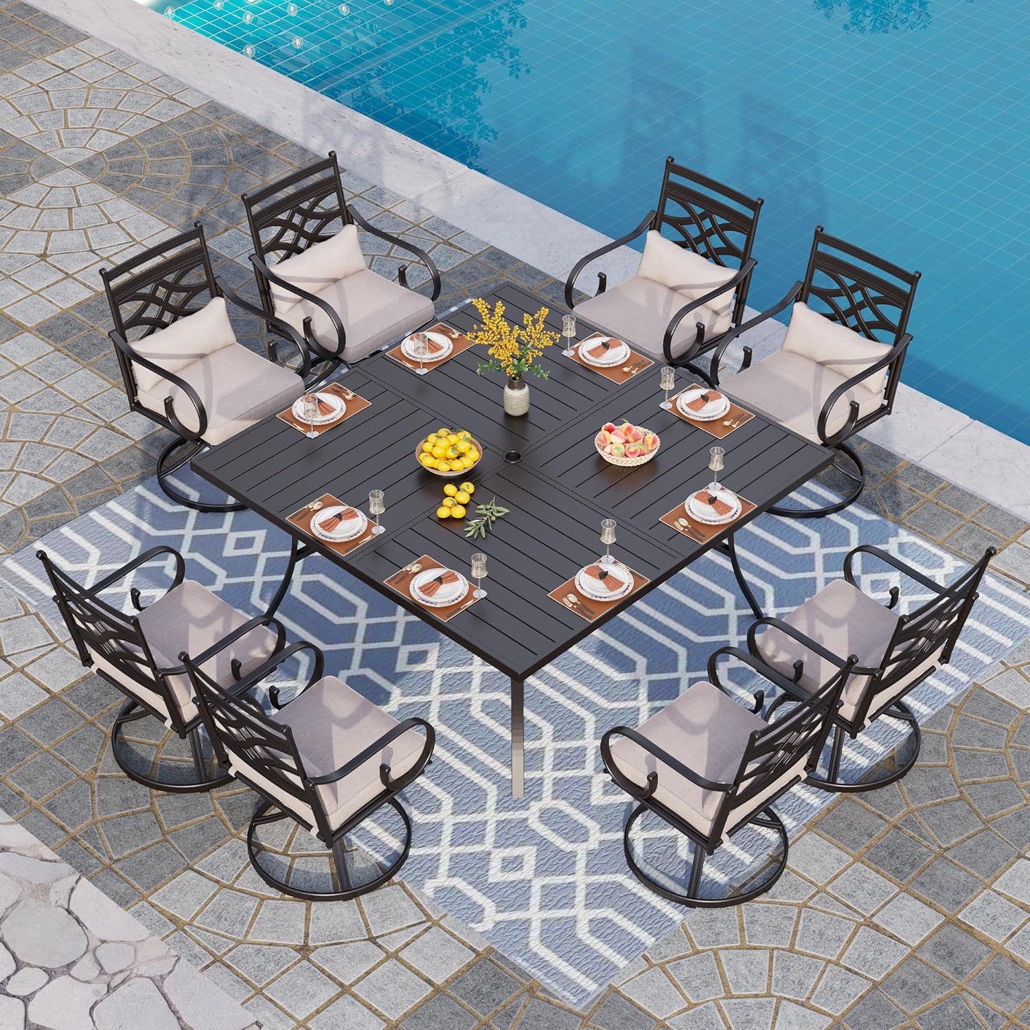PHI VILLA Patio Dining Set for 6, 7 PCS Outdoor Dining Sets - 1 Rectangle 37x60in Dining Table (1.57" Umbrella Hole) & 6 Swivel Dining Chairs,Metal Patio Furniture for Outdoor Kitchen Lawn and Garden