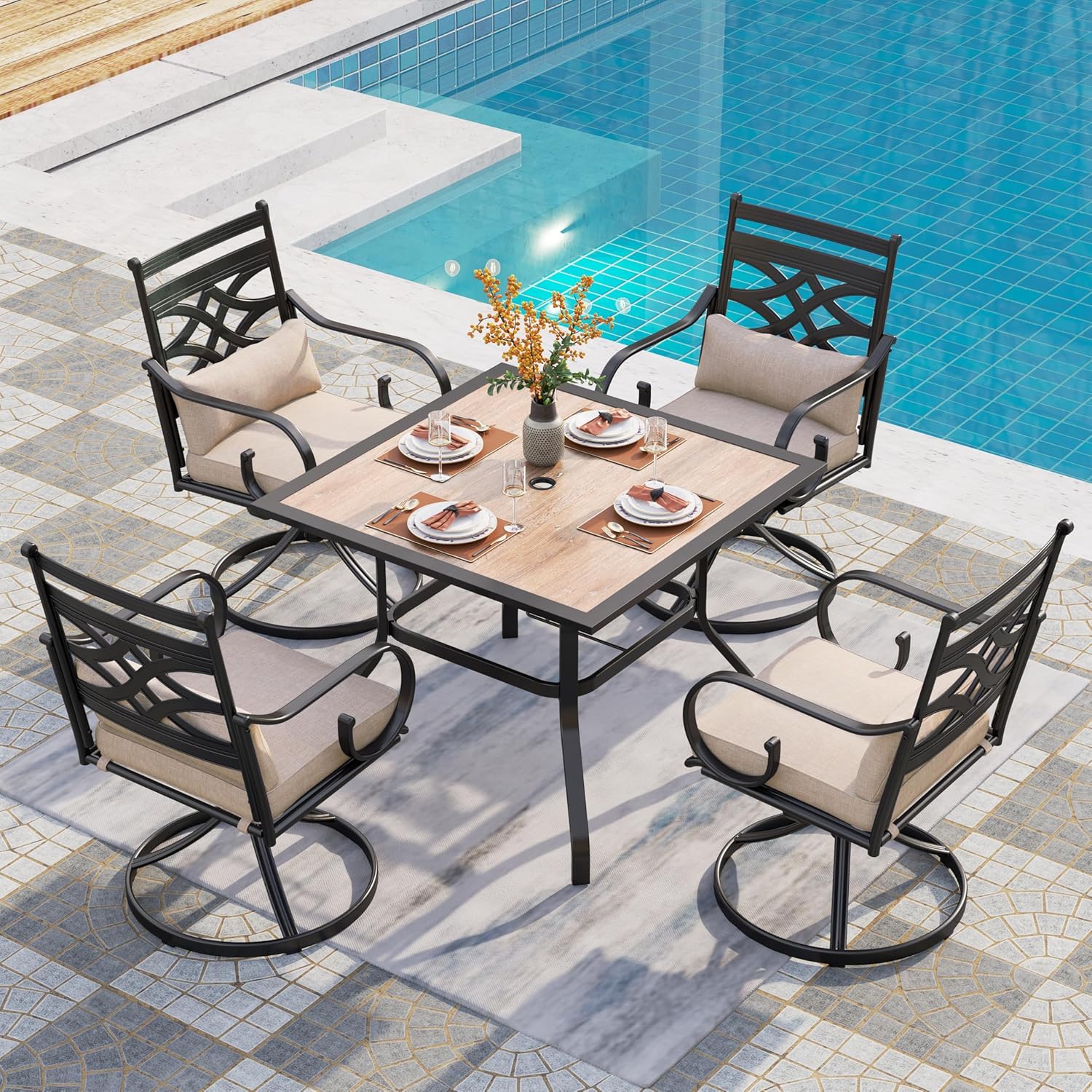 PHI VILLA Patio Dining Set for 6, 7 PCS Outdoor Dining Sets - 1 Rectangle 37x60in Dining Table (1.57" Umbrella Hole) & 6 Swivel Dining Chairs,Metal Patio Furniture for Outdoor Kitchen Lawn and Garden