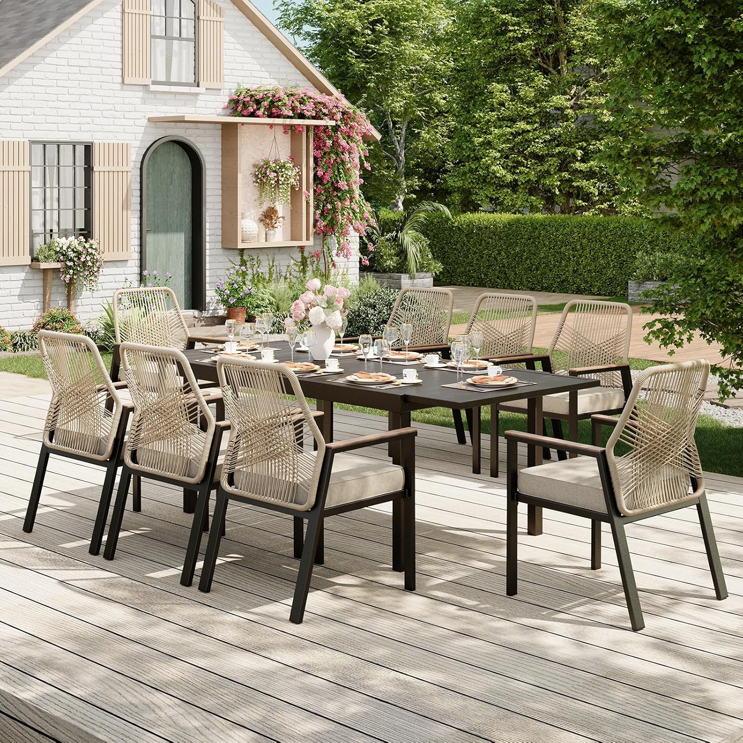 7 Pieces Round Outdoor Dining Set for 6, Patio Dining Set Wicker Rattan Chairs with Soft Cushion and 54" Round Table with Umbrella Hole, Round Patio Table and Chairs for Backyard Porch