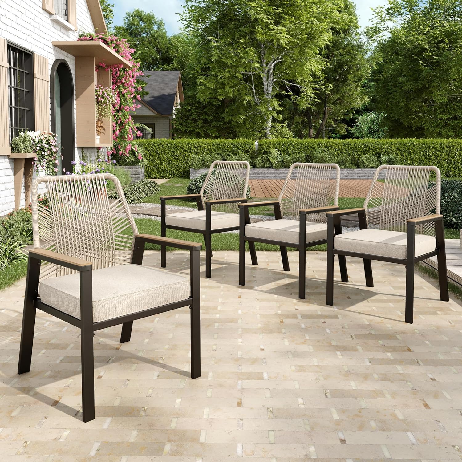 7 Pieces Round Outdoor Dining Set for 6, Patio Dining Set Wicker Rattan Chairs with Soft Cushion and 54" Round Table with Umbrella Hole, Round Patio Table and Chairs for Backyard Porch