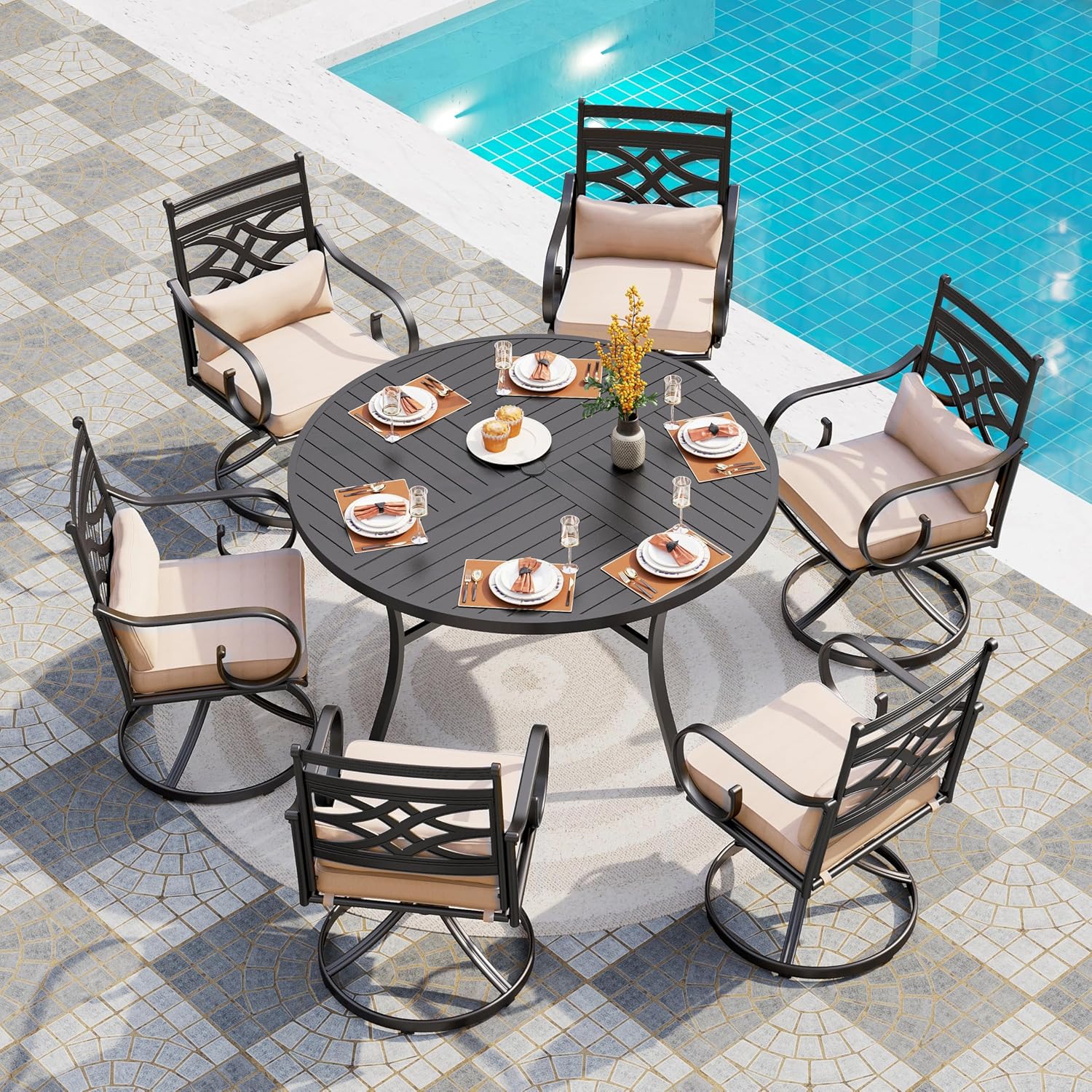 PHI VILLA Patio Dining Set for 6, 7 PCS Outdoor Dining Sets - 1 Rectangle 37x60in Dining Table (1.57" Umbrella Hole) & 6 Swivel Dining Chairs,Metal Patio Furniture for Outdoor Kitchen Lawn and Garden