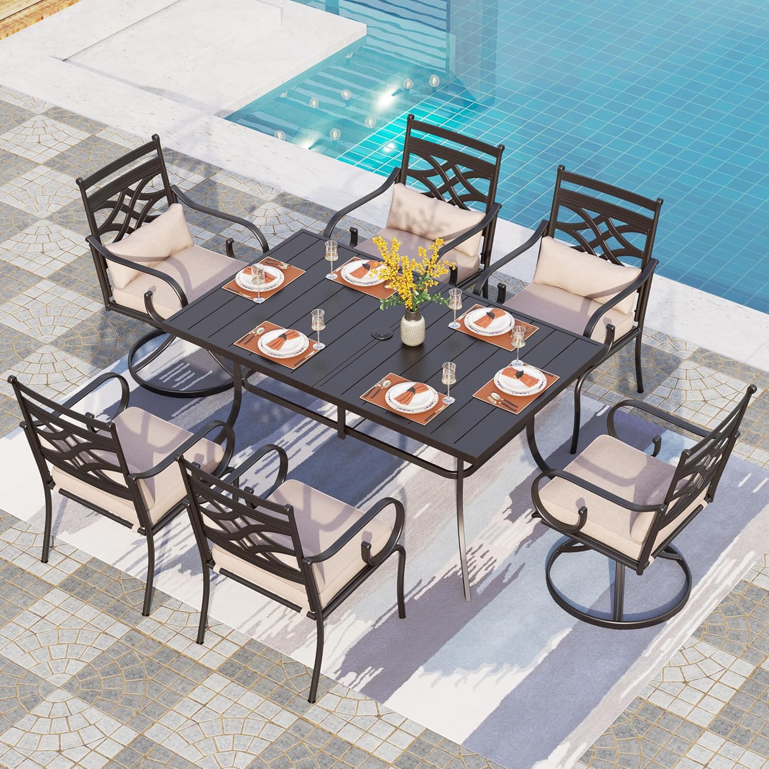 PHI VILLA Patio Dining Set for 6, 7 PCS Outdoor Dining Sets - 1 Rectangle 37x60in Dining Table (1.57" Umbrella Hole) & 6 Swivel Dining Chairs,Metal Patio Furniture for Outdoor Kitchen Lawn and Garden