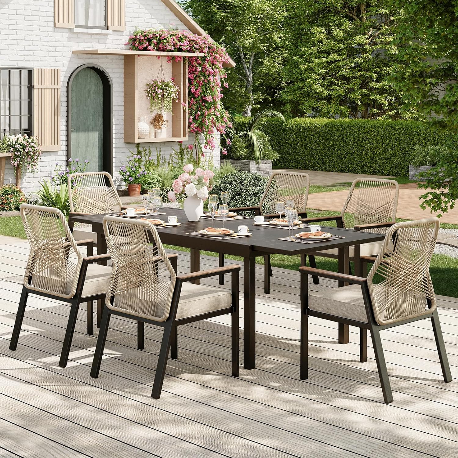 7 Pieces Round Outdoor Dining Set for 6, Patio Dining Set Wicker Rattan Chairs with Soft Cushion and 54" Round Table with Umbrella Hole, Round Patio Table and Chairs for Backyard Porch