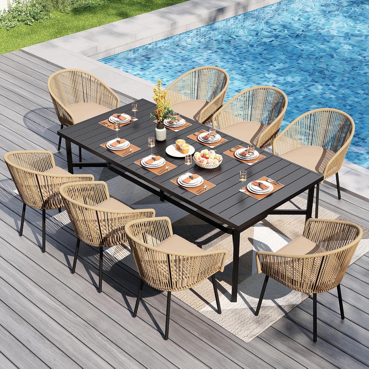 PHI VILLA 5 Pieces Outdoor Small Dining Set for 4, 31" Square Metal Pedestal Table with & Brown Wicker Chairs with Cushions, Modern Outside Dining Bistro Furniture for Patio, Deck, Backyard, Porch