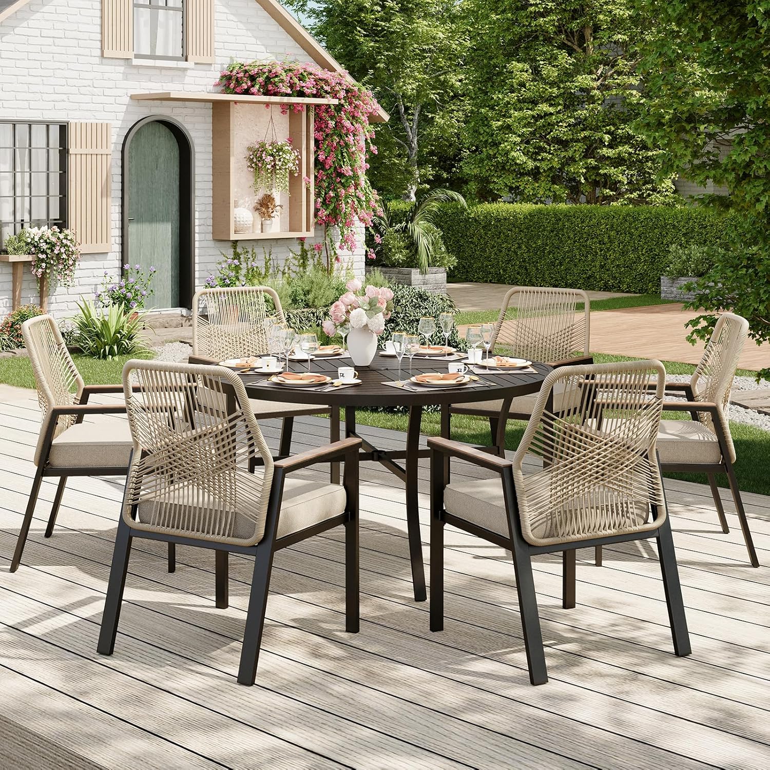 7 Pieces Round Outdoor Dining Set for 6, Patio Dining Set Wicker Rattan Chairs with Soft Cushion and 54" Round Table with Umbrella Hole, Round Patio Table and Chairs for Backyard Porch