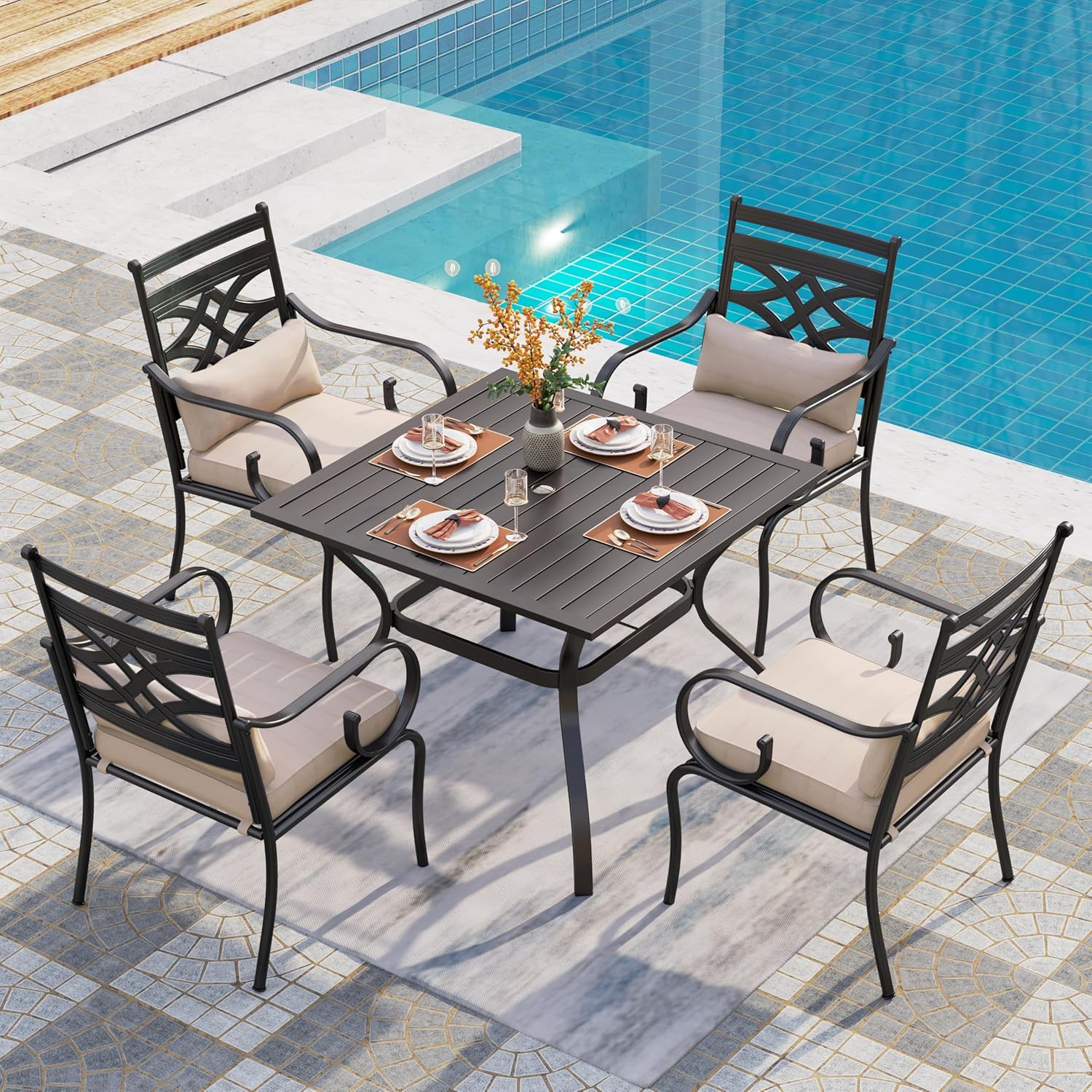 PHI VILLA Patio Dining Set for 6, 7 PCS Outdoor Dining Sets - 1 Rectangle 37x60in Dining Table (1.57" Umbrella Hole) & 6 Swivel Dining Chairs,Metal Patio Furniture for Outdoor Kitchen Lawn and Garden