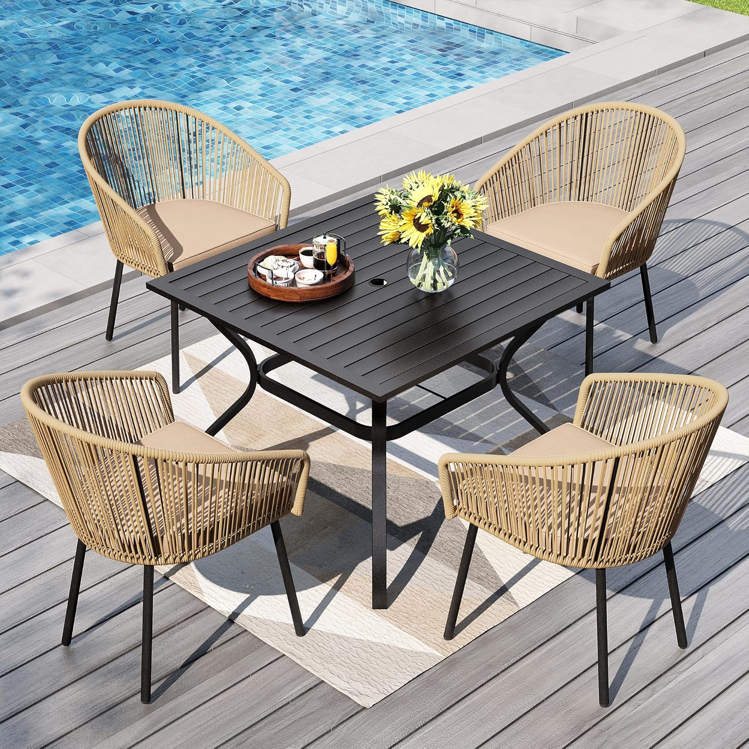 PHI VILLA 5 Pieces Outdoor Small Dining Set for 4, 31" Square Metal Pedestal Table with & Brown Wicker Chairs with Cushions, Modern Outside Dining Bistro Furniture for Patio, Deck, Backyard, Porch