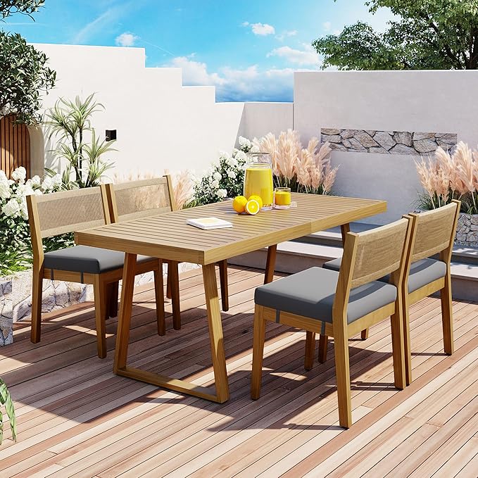  Wood Outdoor Dining Set for 4,Waterproof Patio Furniture with 1 Table and 4 Chairs,and Thick Cushions for Balcony, Vourtyard, and Garden
