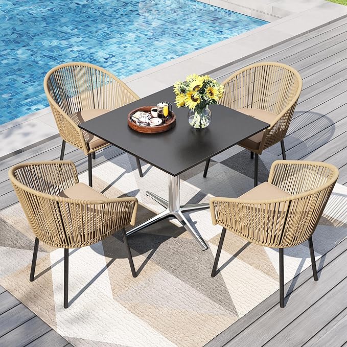 PHI VILLA 5 Pieces Outdoor Small Dining Set for 4, 31" Square Metal Pedestal Table with & Brown Wicker Chairs with Cushions, Modern Outside Dining Bistro Furniture for Patio, Deck, Backyard, Porch