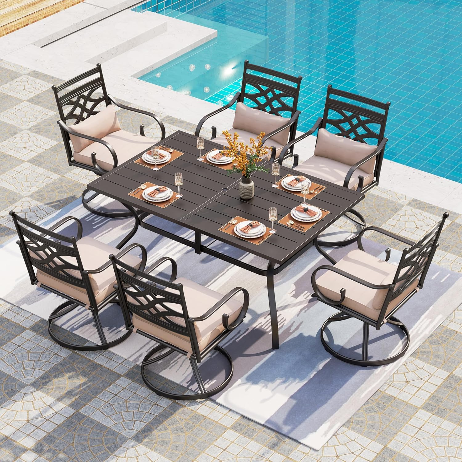 PHI VILLA Patio Dining Set for 6, 7 PCS Outdoor Dining Sets - 1 Rectangle 37x60in Dining Table (1.57" Umbrella Hole) & 6 Swivel Dining Chairs,Metal Patio Furniture for Outdoor Kitchen Lawn and Garden