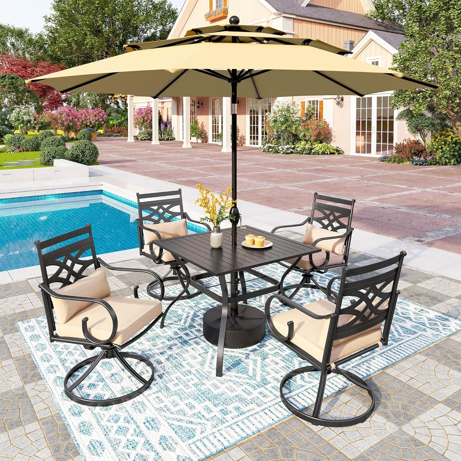 PHI VILLA Patio Dining Set for 6, 7 PCS Outdoor Dining Sets - 1 Rectangle 37x60in Dining Table (1.57" Umbrella Hole) & 6 Swivel Dining Chairs,Metal Patio Furniture for Outdoor Kitchen Lawn and Garden