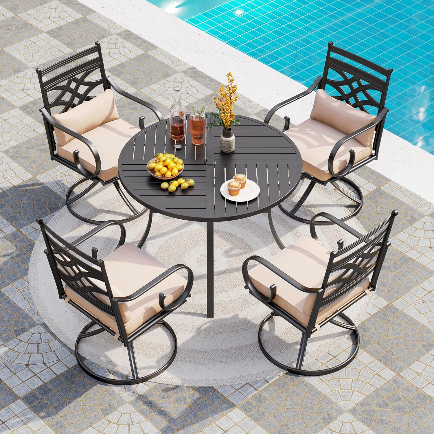 PHI VILLA Patio Dining Set for 6, 7 PCS Outdoor Dining Sets - 1 Rectangle 37x60in Dining Table (1.57" Umbrella Hole) & 6 Swivel Dining Chairs,Metal Patio Furniture for Outdoor Kitchen Lawn and Garden
