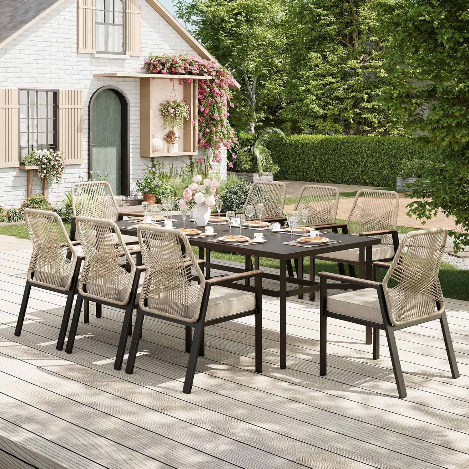 7 Pieces Round Outdoor Dining Set for 6, Patio Dining Set Wicker Rattan Chairs with Soft Cushion and 54" Round Table with Umbrella Hole, Round Patio Table and Chairs for Backyard Porch