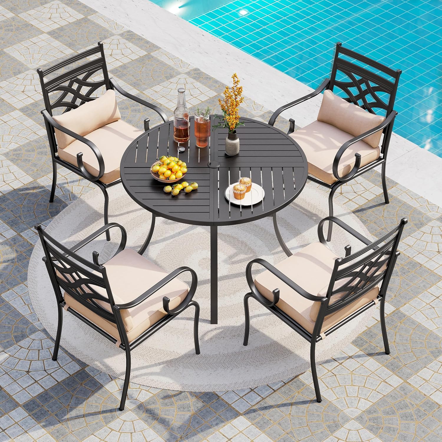 PHI VILLA Patio Dining Set for 6, 7 PCS Outdoor Dining Sets - 1 Rectangle 37x60in Dining Table (1.57" Umbrella Hole) & 6 Swivel Dining Chairs,Metal Patio Furniture for Outdoor Kitchen Lawn and Garden