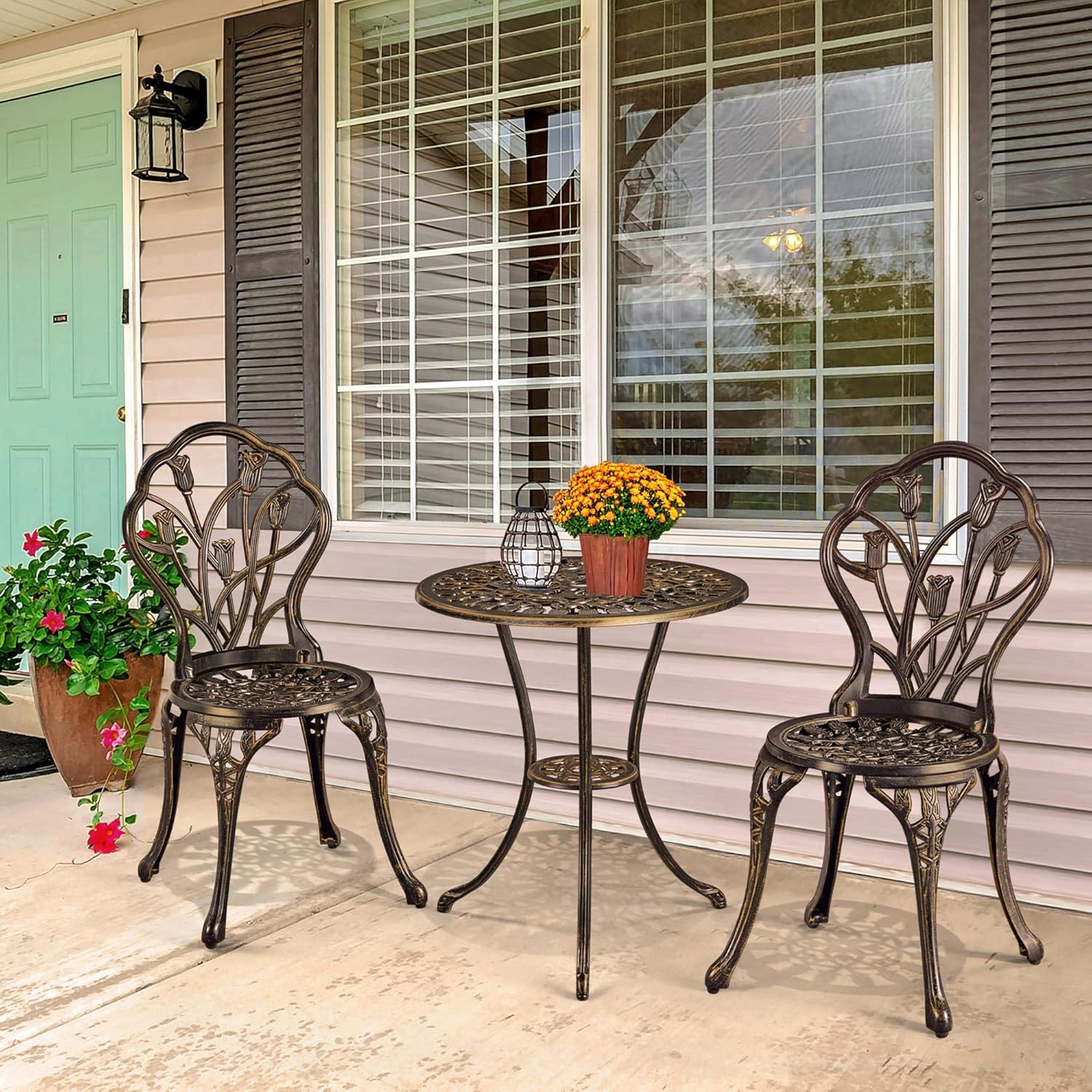 Patio Bistro Sets 3 Piece, Outdoor Rust-Resistant Cast Aluminum Garden Table and Chairs, Bronze