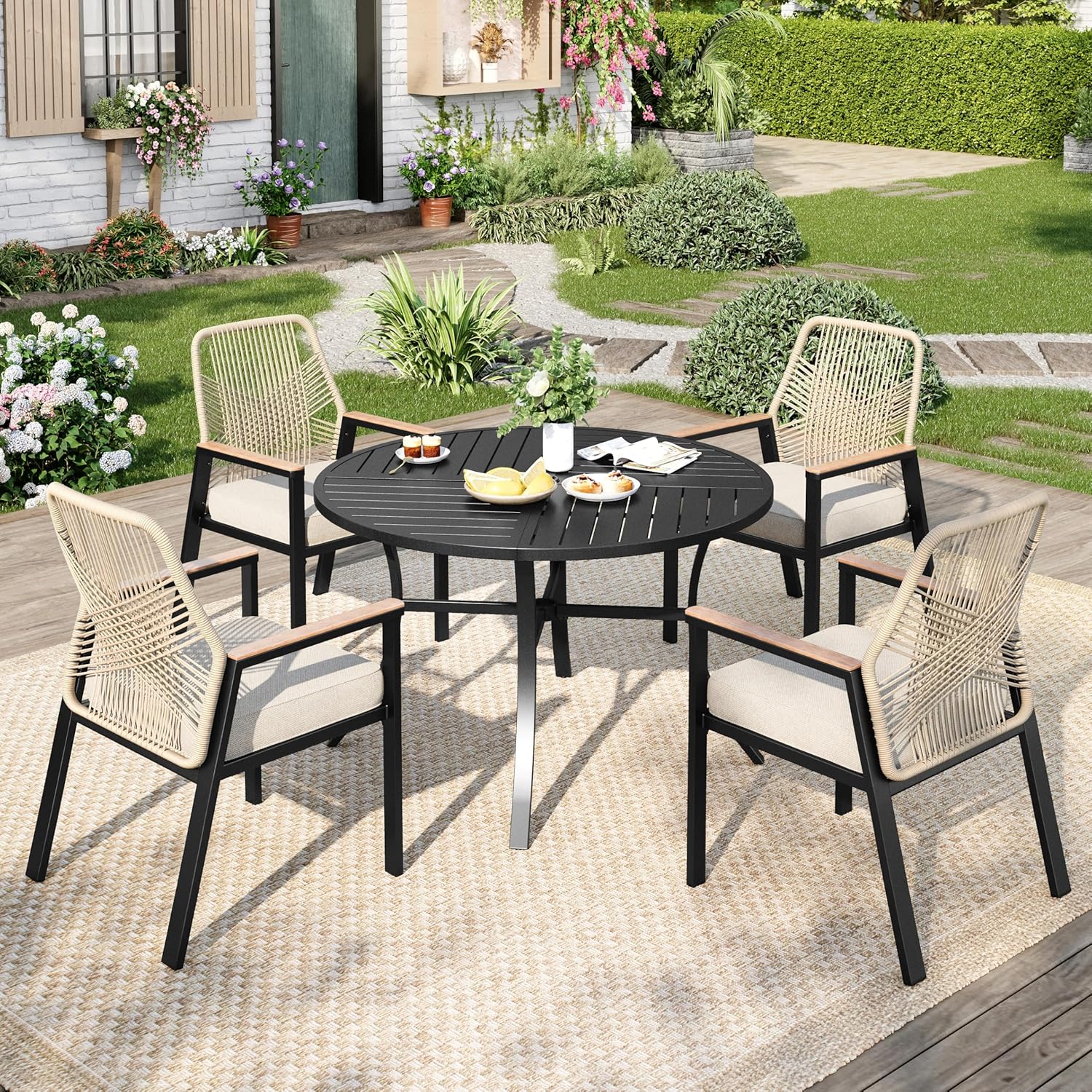 7 Pieces Round Outdoor Dining Set for 6, Patio Dining Set Wicker Rattan Chairs with Soft Cushion and 54" Round Table with Umbrella Hole, Round Patio Table and Chairs for Backyard Porch