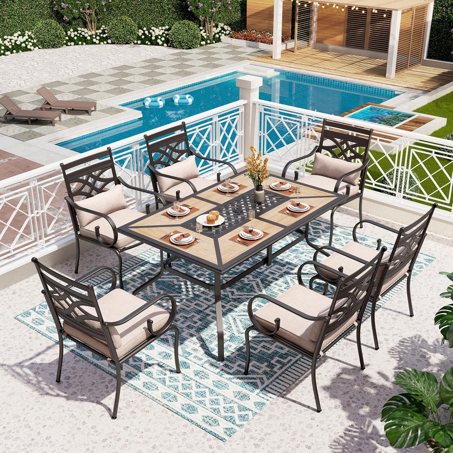 PHI VILLA Patio Dining Set for 6, 7 PCS Outdoor Dining Sets - 1 Rectangle 37x60in Dining Table (1.57" Umbrella Hole) & 6 Swivel Dining Chairs,Metal Patio Furniture for Outdoor Kitchen Lawn and Garden