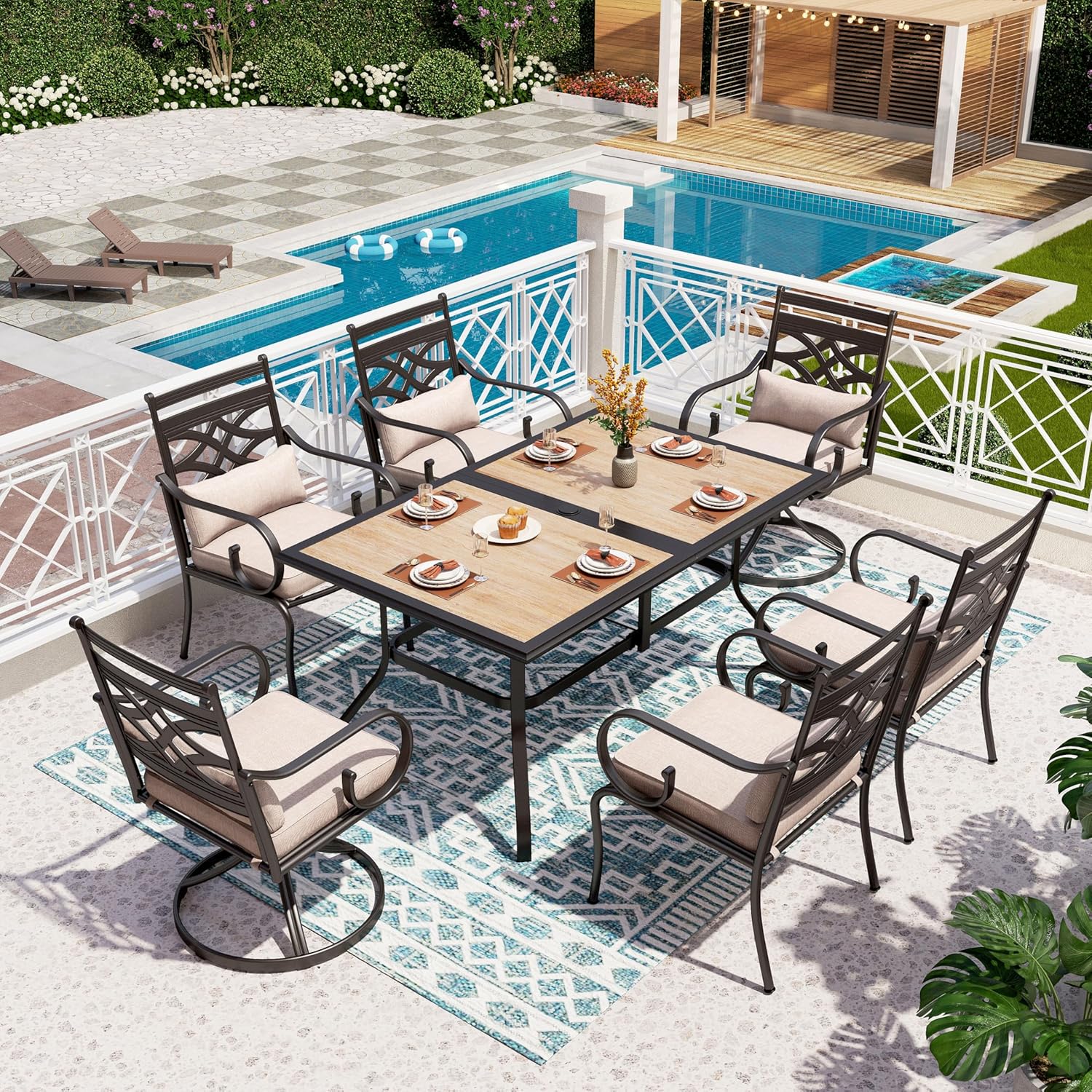PHI VILLA Patio Dining Set for 6, 7 PCS Outdoor Dining Sets - 1 Rectangle 37x60in Dining Table (1.57" Umbrella Hole) & 6 Swivel Dining Chairs,Metal Patio Furniture for Outdoor Kitchen Lawn and Garden