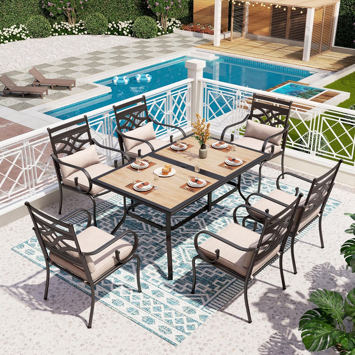 PHI VILLA Patio Dining Set for 6, 7 PCS Outdoor Dining Sets - 1 Rectangle 37x60in Dining Table (1.57" Umbrella Hole) & 6 Swivel Dining Chairs,Metal Patio Furniture for Outdoor Kitchen Lawn and Garden
