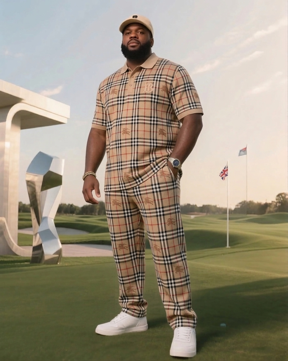 Men's Plus Size Daily Casual Ivory White Luxury Plaid Short Sleeve Polo & Pants Set